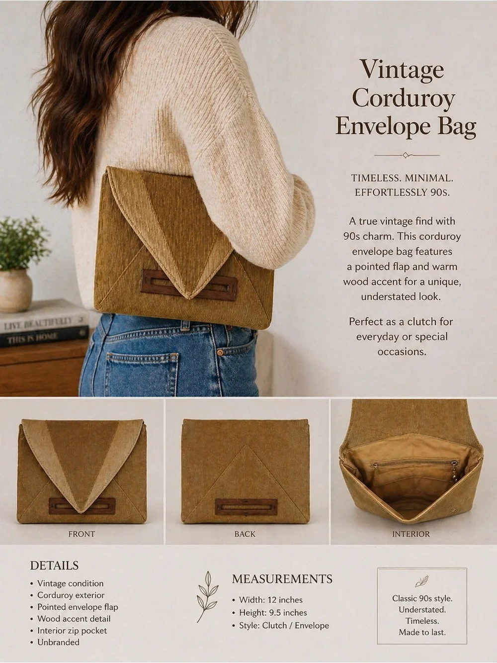 Vintage Corduroy Envelope Clutch Brown Tan Wood Detail 90s Boho